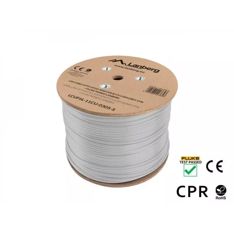 Tinklo kabelis LANBERG LCUF6L-11CU-0305-S U/FTP Cat6a ant ritės, 305 m, 23 AWG, 500 MHz, pilkas