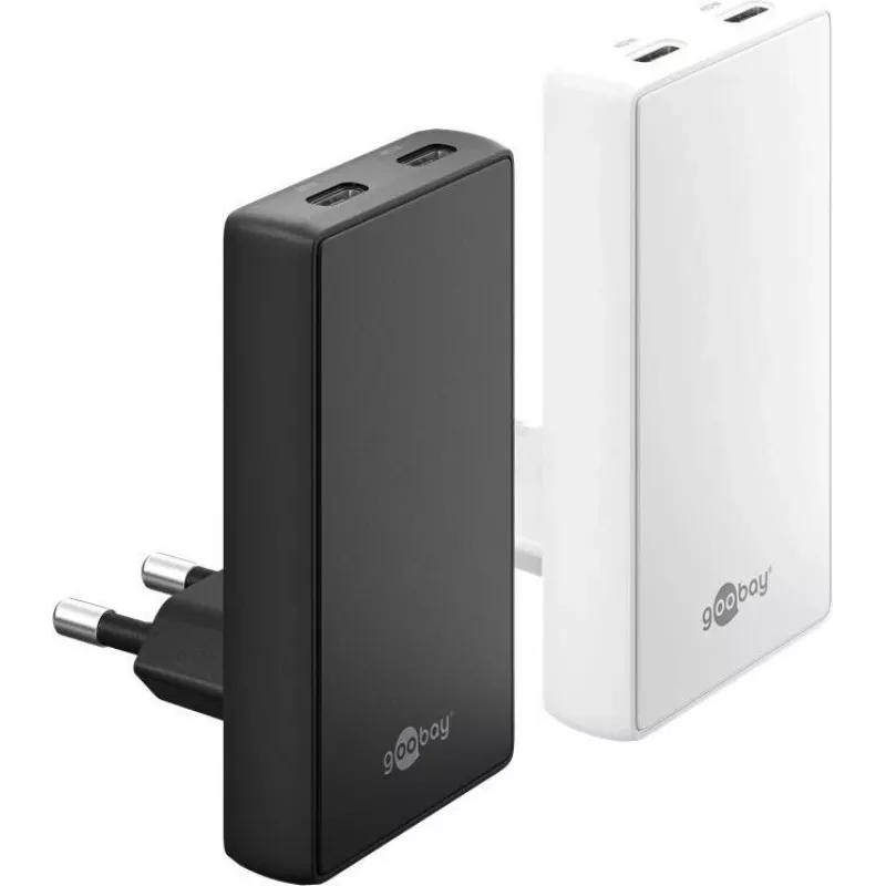 Goobay USB-C PD GaN Dvigubas Greitasis Įkroviklis 90° Plokščias 45 W Baltas - 2x Prievadai (75722)