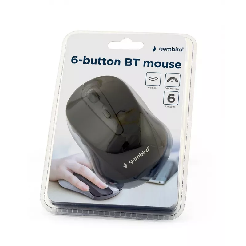 Belaidė Bluetooth optinė pelė GEMBIRD MUSWB2 — dešiniarankiams, 1600 DPI, 6 mygtukų, juoda/pilka, AAA baterijos