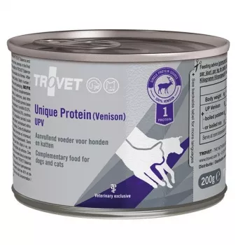 Šlapias gyvūnų ėdalas TROVET Unique Protein UPV Venison 200 g — papildomas šlapias maistas suaugusiems šunims ir katėms, be grūdų, be cukraus