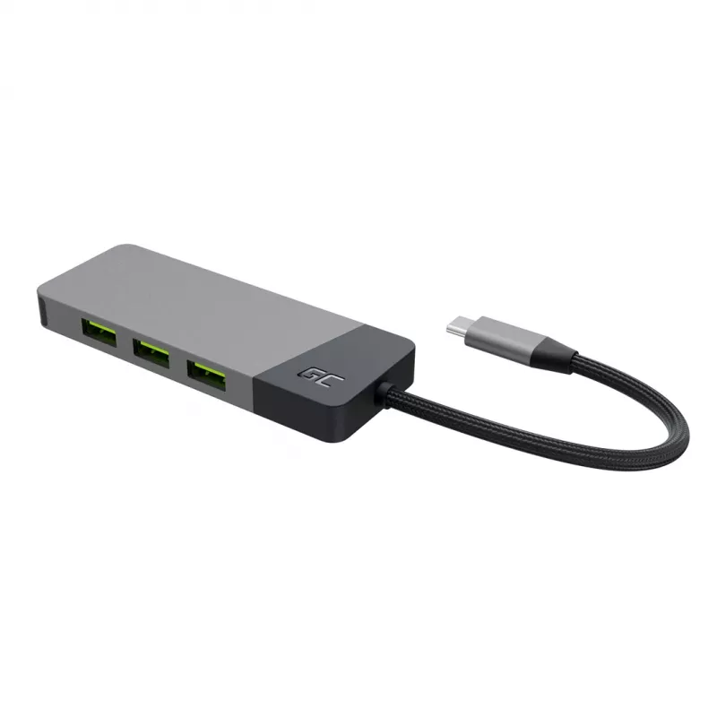 USB Type‑C šakotuvas Green Cell HUBGC01 — 7 prievadai: 3×USB‑A 3.2 Gen 1, 1×USB‑C 3.2 Gen 1, HDMI, microSD+SD kortelių skaitytuvas — sidabrinis