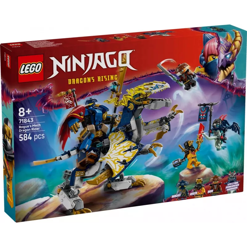LEGO NINJAGO rinkinys 71843 „Rogue“ mecha drakono raitelis — 584 vnt., 4 minifigūrėlės, 190 mm modelio aukštis