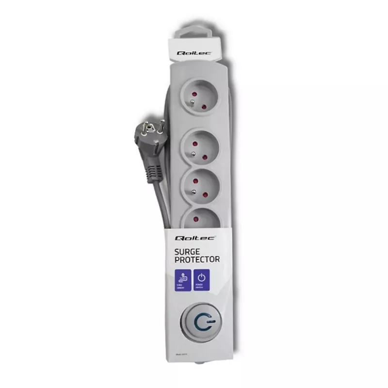 Qoltec 50272 viršįtampių apsaugos įrenginys, pilkas, 5 kintamosios srovės lizdai, 230 V, 3 m