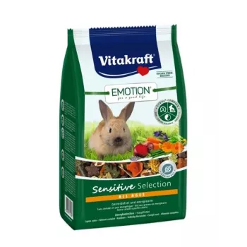 Sausas triušių ėdalas Vitakraft Emotion Sensitive 600 g — visavertis pašaras suaugusiems triušiams su jautriu virškinimu, daržovių skonio, 17% žalios ląstelienos