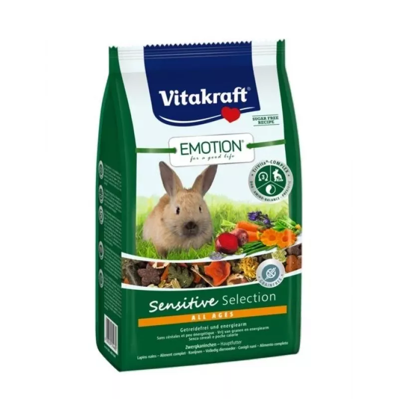 Sausas triušių ėdalas Vitakraft Emotion Sensitive 600 g — visavertis pašaras suaugusiems triušiams su jautriu virškinimu, daržovių skonio, 17% žalios ląstelienos
