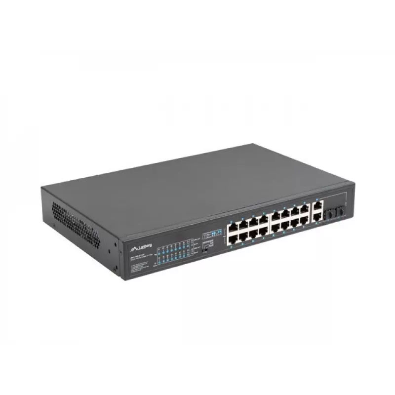 Nevaldomas jungiklis LANBERG RSFE-16P-2C-250 — 18 prievadų Gigabit, 16x PoE+ (30W), 2x SFP, 250W, 1U, metalinis, montuojamas į stelažą