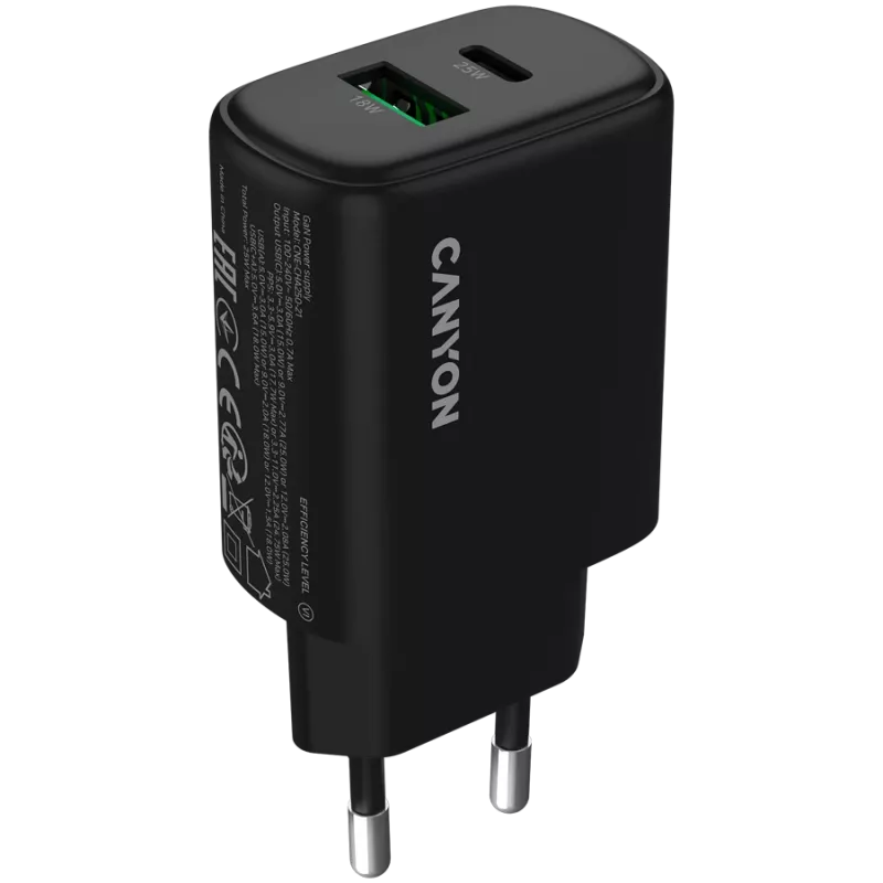 CANYON įkroviklis OnCharge 250 25W 1xPD 1xQC EU juodas