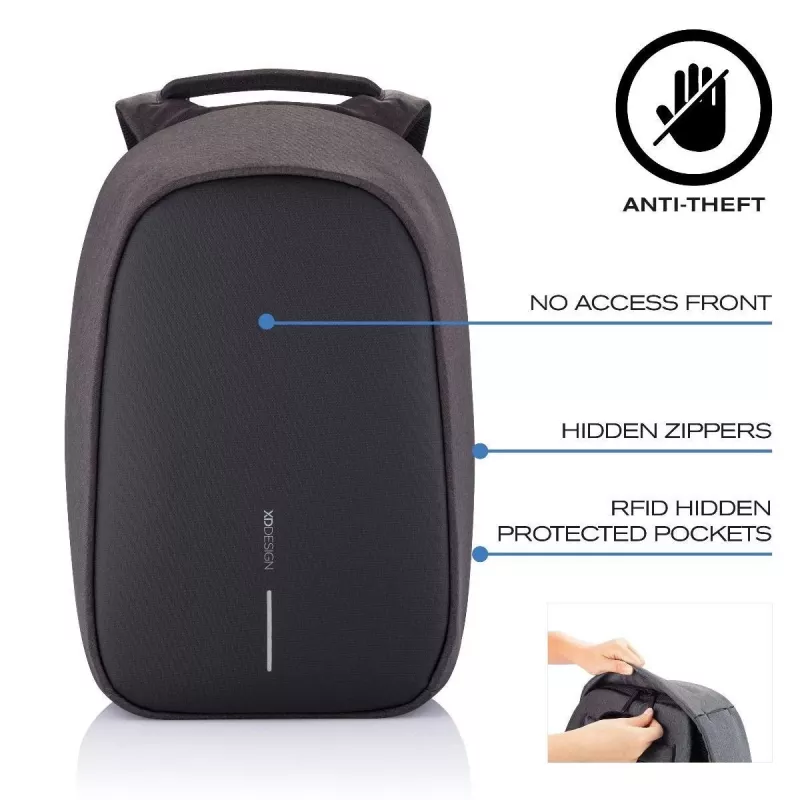 Kuprinė XDDESIGN Bobby Hero Small, apsaugota nuo vagystės, 11,5 l, planšetei iki 12,9 colio, PET/putplastis, juoda