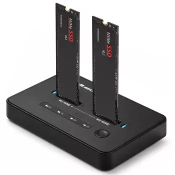 Dokavimo stotis QOLTEC 52366 — dviguba M.2 NVMe PCIe SSD, USB-C 20 Gb/s, palaiko iki 2×8 TB, klonavimas neprijungus kompiuterio