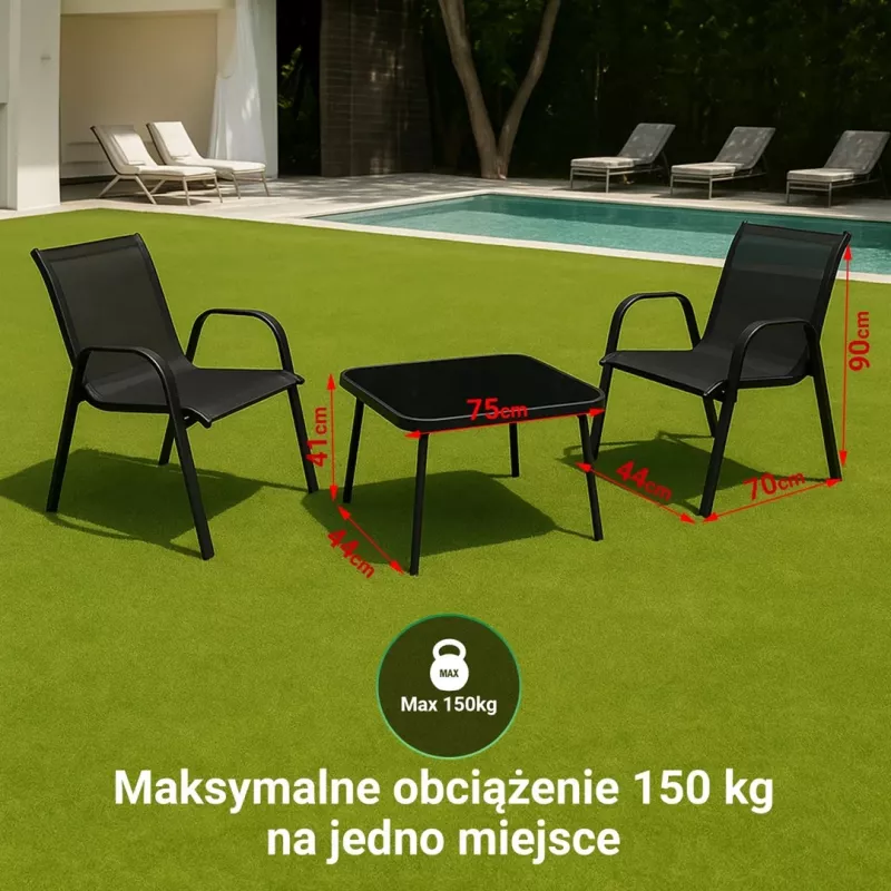 Extralink Juoda Forest sodo baldų komplektas, tekstileno dvi kėdės + juodas stalas lauko baldų komplektas