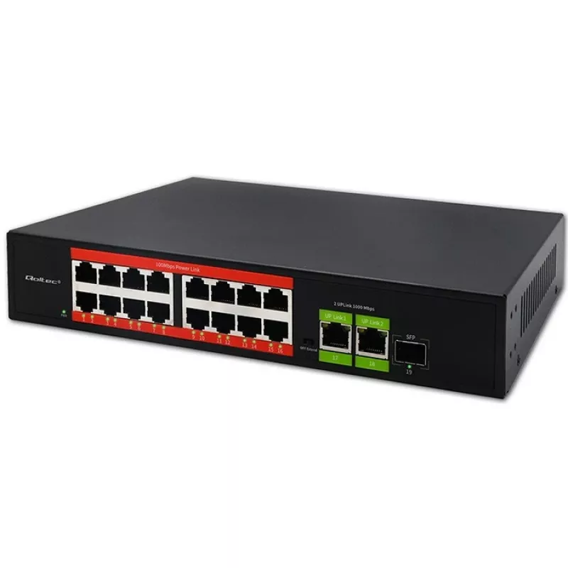 Ethernet PoE komutatorius QOLTEC 16x RJ45, 2x RJ45 uplink, 1x SFP (MPN 52291)