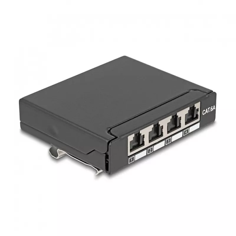 Patch panel DELOCK Mini Desktop RJ45 4-port Cat.6A shielded juodas, metalinis, 90×22×93 mm