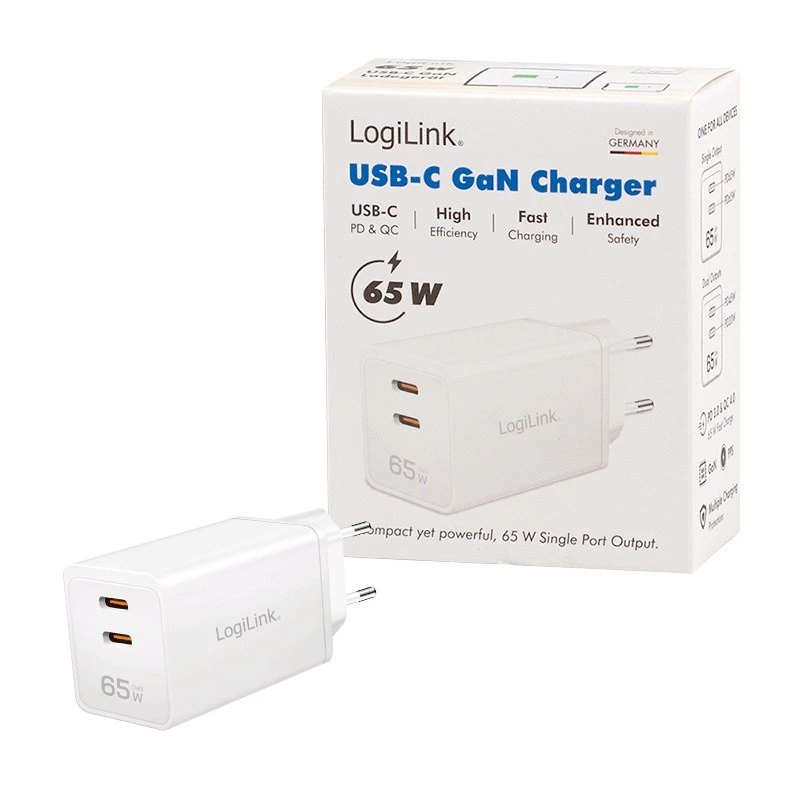 Dvigubas USB lizdo adapteris 65 W, 2 x USB-C, baltas