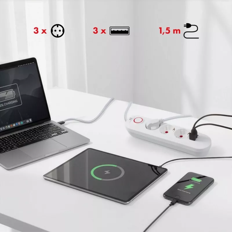 Maitinimo šakotuvas MACLEAN MCE394W — 3 lizdai, 3×USB 2,1A, 110–240V AC, 2500W, 1,5 m laidas, baltas