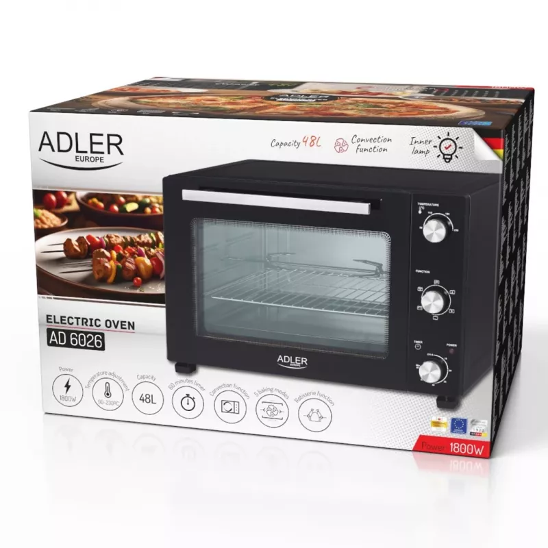 Elektrinė kompaktiška stalviršio krosnelė Adler AD 6026 — 48 l talpa, 1800 W, laisvai pastatoma, mechaninis laikmatis