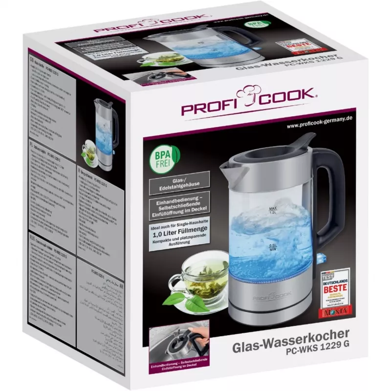 ProfiCook PC-WKS 1229 G elektrinis virdulys 1 L 1600 W nerūdijantis plienas, permatomas