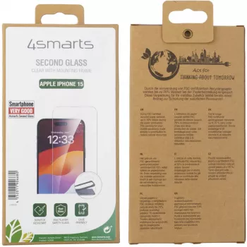 Ekrano apsauga 4smarts 540595, skirta Apple iPhone 15, neperšaunamas grūdintas stiklas