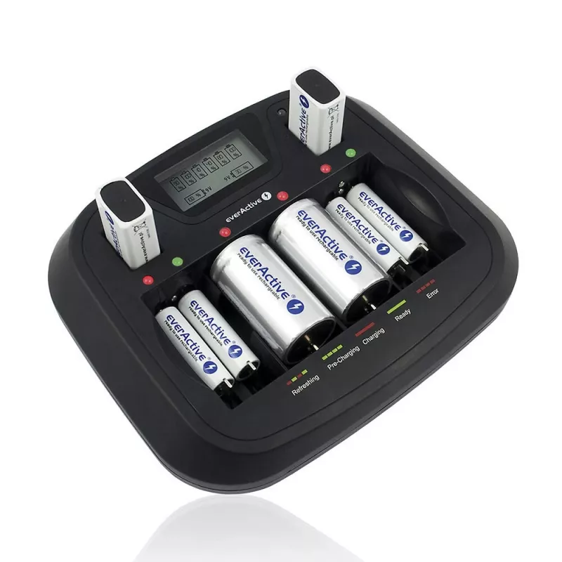 Baterijų įkroviklis everActive NC-900U Universal DC — įkrauna AA, AAA, C, D, 9V, iki 6 elementų, juodas