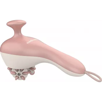 Rankinis riedėjimo masažuoklis Medisana AC 950 — belaidis Li‑Ion, 2 galios lygiai, ergonomiškos rankenos, 381 g, rožinis auksas/baltas