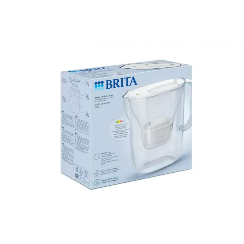Vandens filtro ąsotis BRITA Style Essential – baltas, 1,4 l filtruoto vandens talpa, 2,4 l bakelis, suderinamas su MAXTRA+ Pro kasetėmis