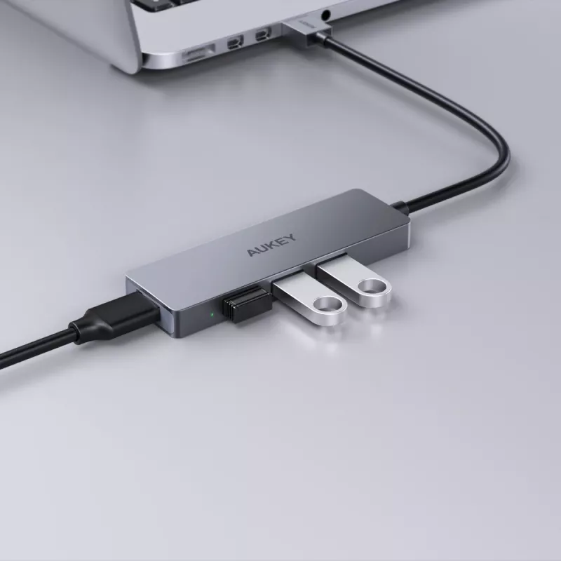 USB šakotuvas Aukey CB-H36 — 4 prievadų USB 3.2 Gen 1 Type-A, prieglobos USB 2.0, 5000 Mbit/s, aliuminis sidabrinis