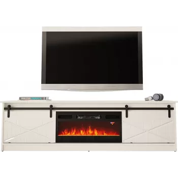 TV spintelė su elektriniu židiniu Cama Meble GRANERO model RTV GRANERO + KOM B/B, 200x56.7x35 cm, balta/baltas blizgesys, 2 durys, 2 lentynos, MDF/drožlių plokštė