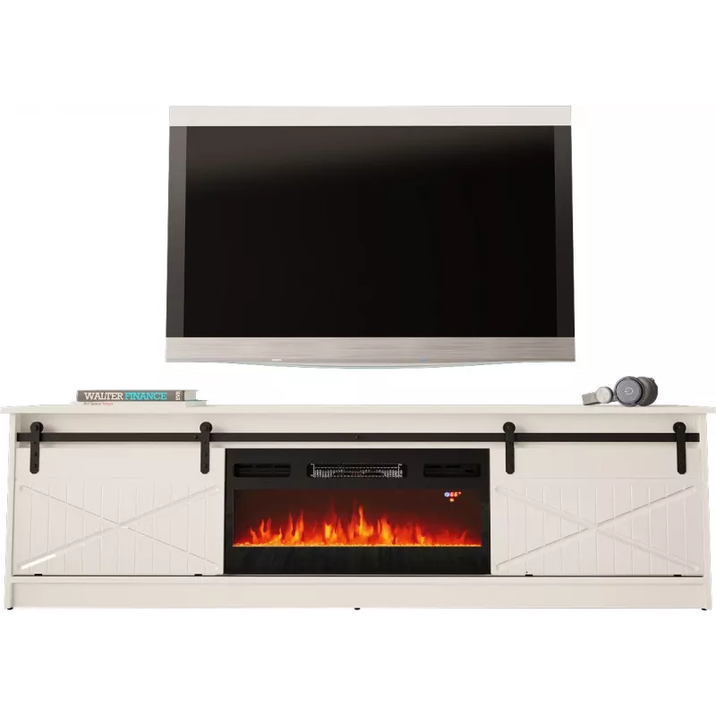 TV spintelė su elektriniu židiniu Cama Meble GRANERO model RTV GRANERO + KOM B/B, 200x56.7x35 cm, balta/baltas blizgesys, 2 durys, 2 lentynos, MDF/drožlių plokštė