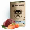 Šlapias šunų maistas PAKA ZWIERZAKA Game and Salmon 400 g — konservuotas suaugusių šunų maistas, elniena ir lašiša, baltymai 10,4%, riebalai 6,9%, drėgmė 76%