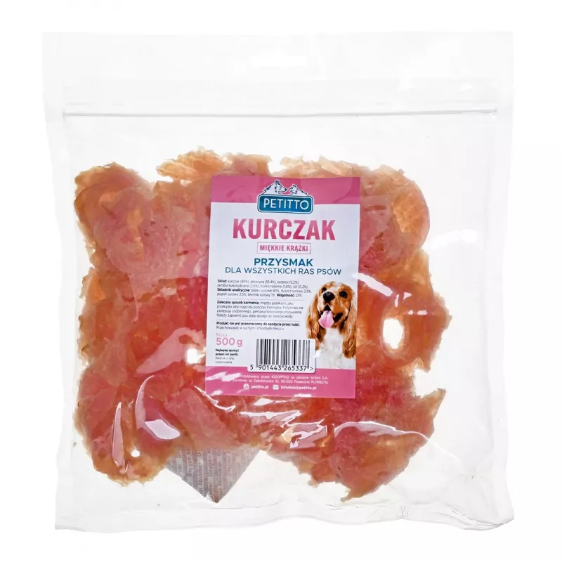 Šunų skanėstai PETITTO minkšti vištienos žiedeliai 500 g — minkštas vištienos užkandis, 500 g pakuotė, baltymai 40%, drėgmė 23%