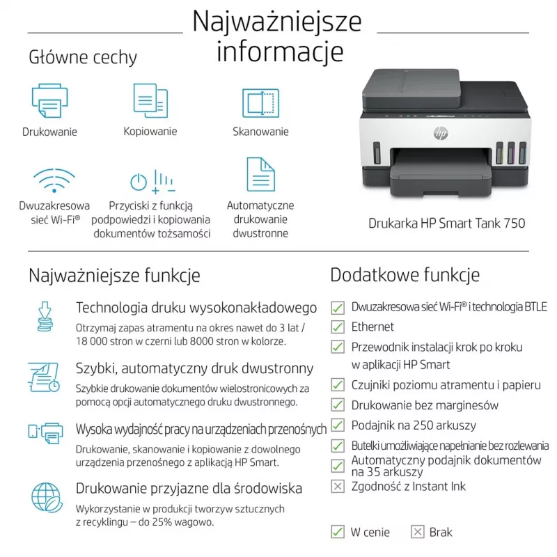 Daugiafunkcis spausdintuvas HP Smart Tank 750 su nuolatiniu rašalu, spalvotas, Wi-Fi, Smart App, dvipusis spausdinimas, ADF automatinis dokumentų tiektuvas