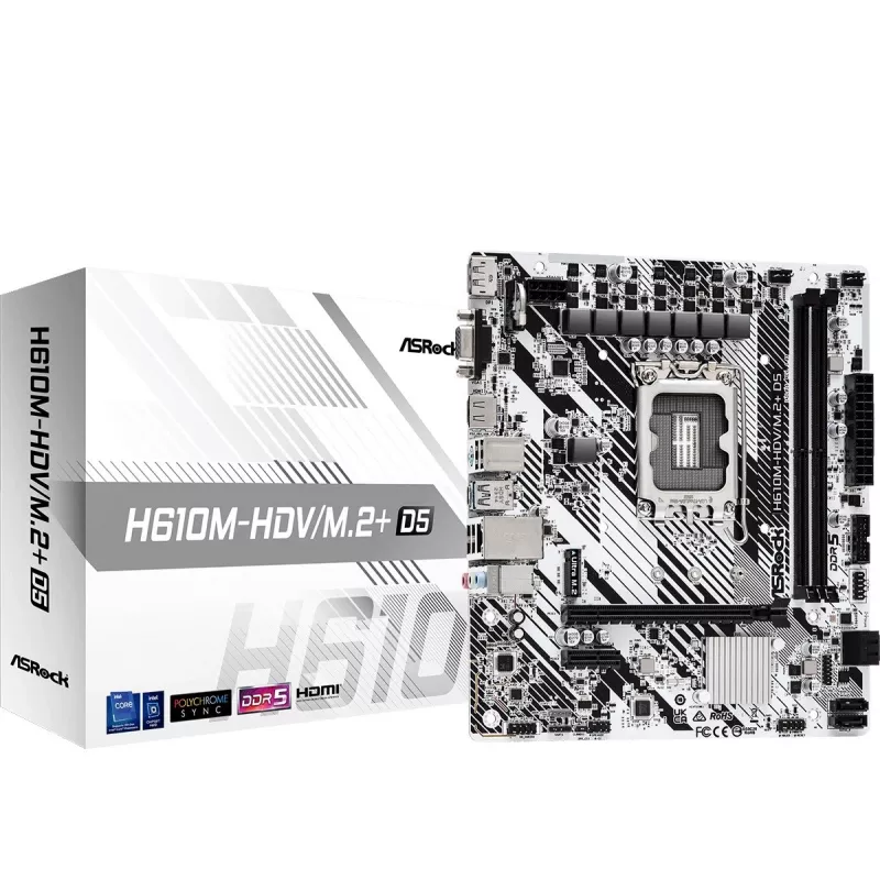 Mikroplokštė ASRock H610M-HDV/M.2+ D5 — Intel H610, LGA 1700, microATX, 2× DDR5 DIMM, M.2, HDMI 2.1, DP 1.4