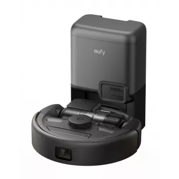 Robot vacuum Eufy E20 Juoda — apvalus, dulkių maišelio bazinė stotis, 150 min veikimo laikas, 35 cm skersmuo