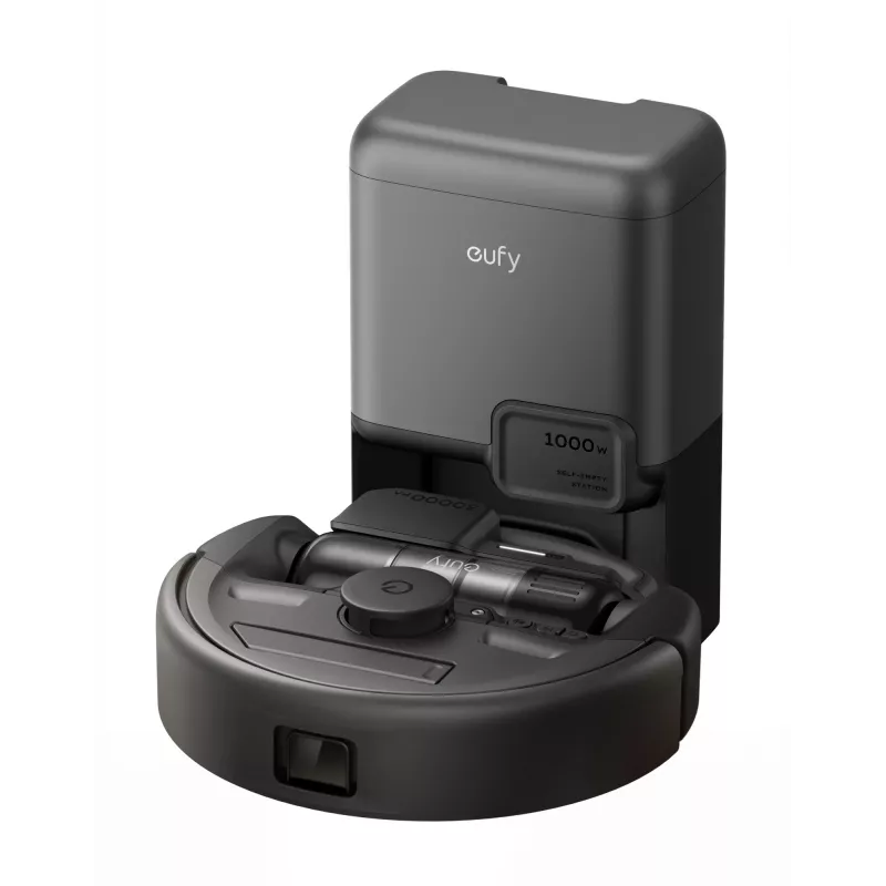 Robot vacuum Eufy E20 Juoda — apvalus, dulkių maišelio bazinė stotis, 150 min veikimo laikas, 35 cm skersmuo
