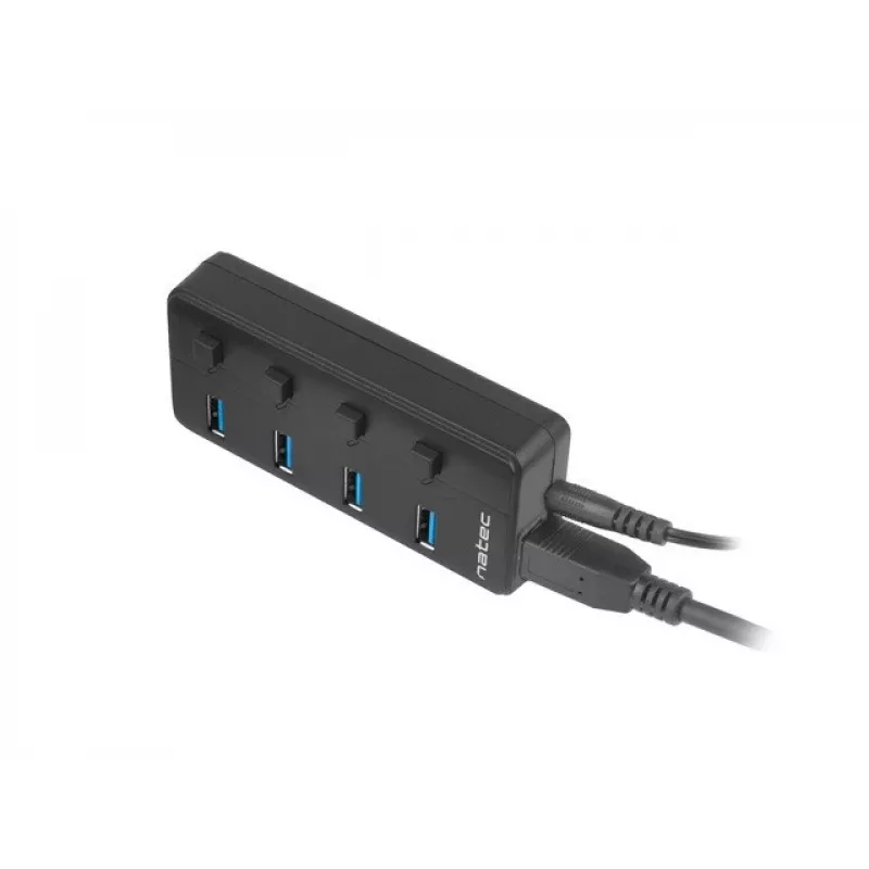 USB šakotuvas NATEC MANTIS USB 2.0 Type-B — 4x USB 3.2 Gen 1 Type-A prievadai, juodas, 0.8 m laidas, kintamosios srovės adapteris, maitinimo jungiklis