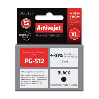 Activejet AC-512R rašalas (pakaitalas Canon PG-512; Premium; 18 ml; juodas)