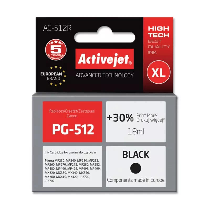 Activejet AC-512R rašalas (pakaitalas Canon PG-512; Premium; 18 ml; juodas)
