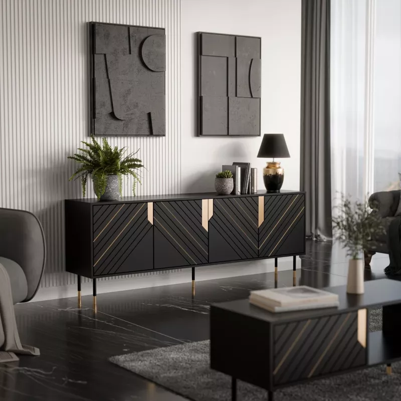 Chest of drawers cama meble Cama 4D MOUNTAIN 204x40x72 cm — Juoda & gold, MDF/particle board