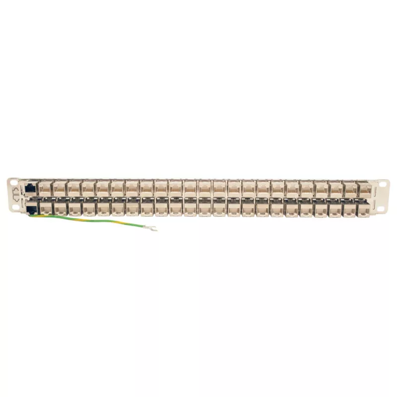 Tripp N254-048-SH-6A 48 prievadų 1 HE stelažinis montavimas ekranuotas Cat6a STP Feed-Through skirstomasis skydas - RJ45 Ethernet - TAA - 10 Gigabit Ethernet - RJ-45 - Cat6a - sidabrinis - baltas - stelažinis