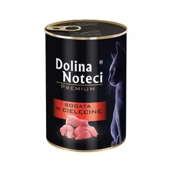 Šlapias kačių maistas Dolina Noteci 400 g skardinė — veršienos formulė, suaugusioms katėms, 80% drėgmės