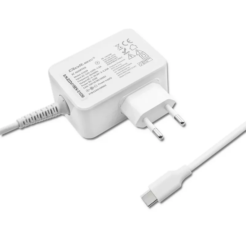 Maitinimo adapteris QOLTEC 51039 65W AC-to-DC 220–240V 20.3V/3.25A Type C balta, 1.7 m kabelis