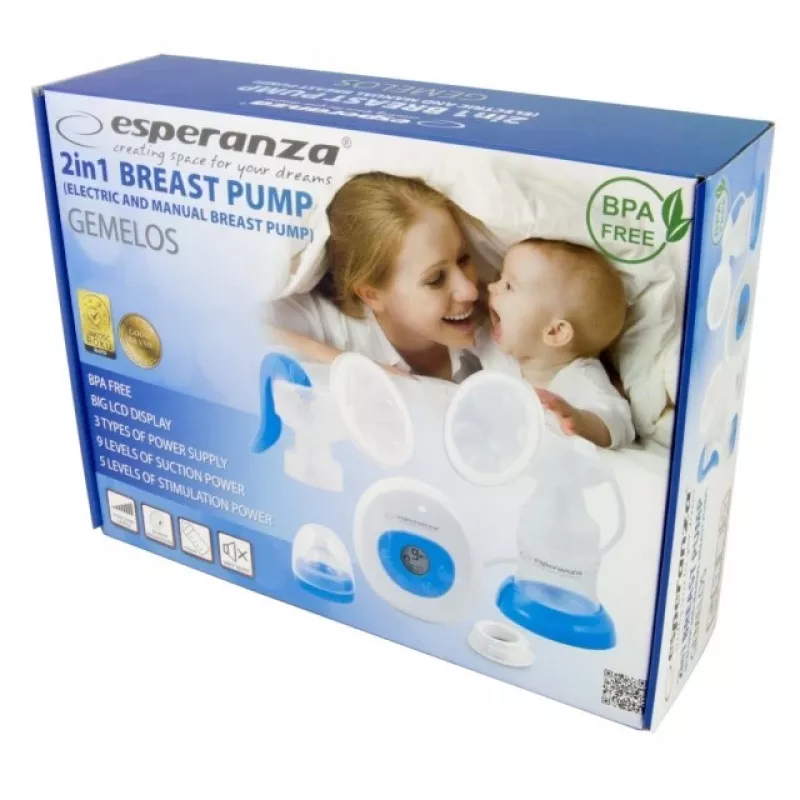 Krūties siurblys ESPERANZA ECM003B elektroninis 150 ml, integruotas ekranas, mėlynas/baltas, 100–240V AC