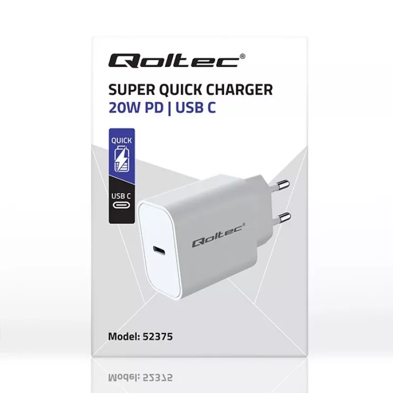 QOLTEC Super Quick PD Charger 20W USB-C (5V/12V) – Nešiojamasis greitasis įkroviklis