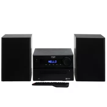 Mini Hi-Fi stereosistema Adler AD 1917 — Bluetooth V5.3, CD/USB/MP3, 2×25W RMS, FM imtuvas, 4 juostų ekvalaizeris, AUX, juoda