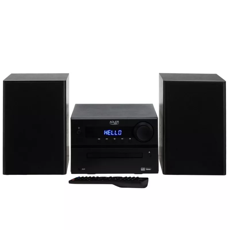 Mini Hi-Fi stereosistema Adler AD 1917 — Bluetooth V5.3, CD/USB/MP3, 2×25W RMS, FM imtuvas, 4 juostų ekvalaizeris, AUX, juoda
