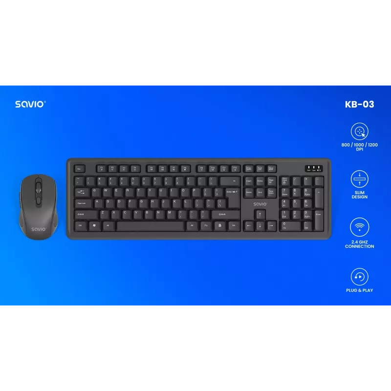 Savio KB-03 klaviatūra su pele, skirta namams/biurui, USB, QWERTY, JAV anglų, juoda