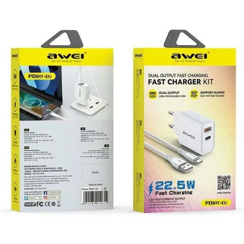 Awei tinklo įkroviklis PD81T-EU 22.5W su USB kabeliu ir USB-C, baltas, GaN