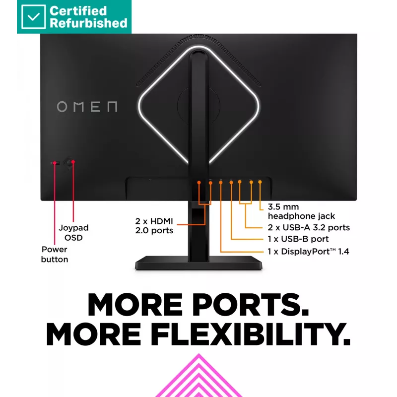 RENEW Sidabrinė OMEN by HP 27qs QHD žaidimų monitorius - 27 2560x1440 QHD 400-nit 240Hz AG, IPS, 2x HDMI/DisplayPort, 2x USB-A, garsiakalbiai, aukščio reguliavimas/pakreipimas/pasukimas, 1 metai