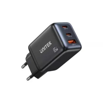 “Unitek” sieninis įkroviklis GAN 65W su 2x USB-C ir 1x USB-A, Power Delivery 3.0