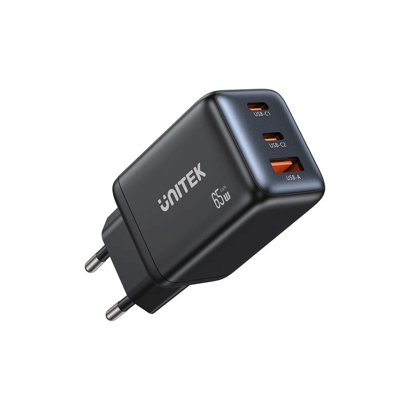 “Unitek” sieninis įkroviklis GAN 65W su 2x USB-C ir 1x USB-A, Power Delivery 3.0