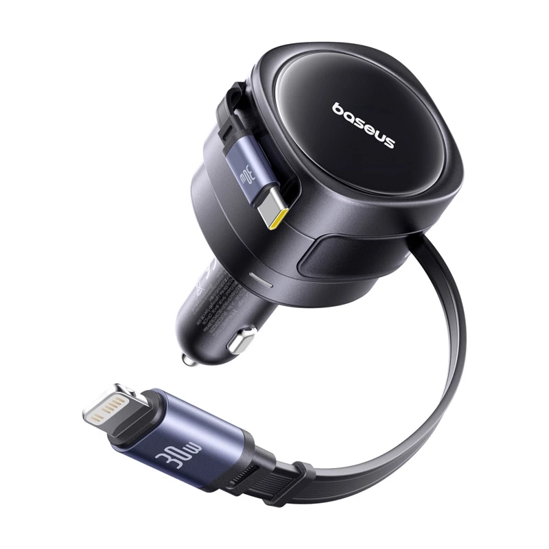 Automobilinis kroviklis Baseus Enjoyment Max 60W su USB-C ir Lightning laidais, dviejų prievadų greitas įkrovimas